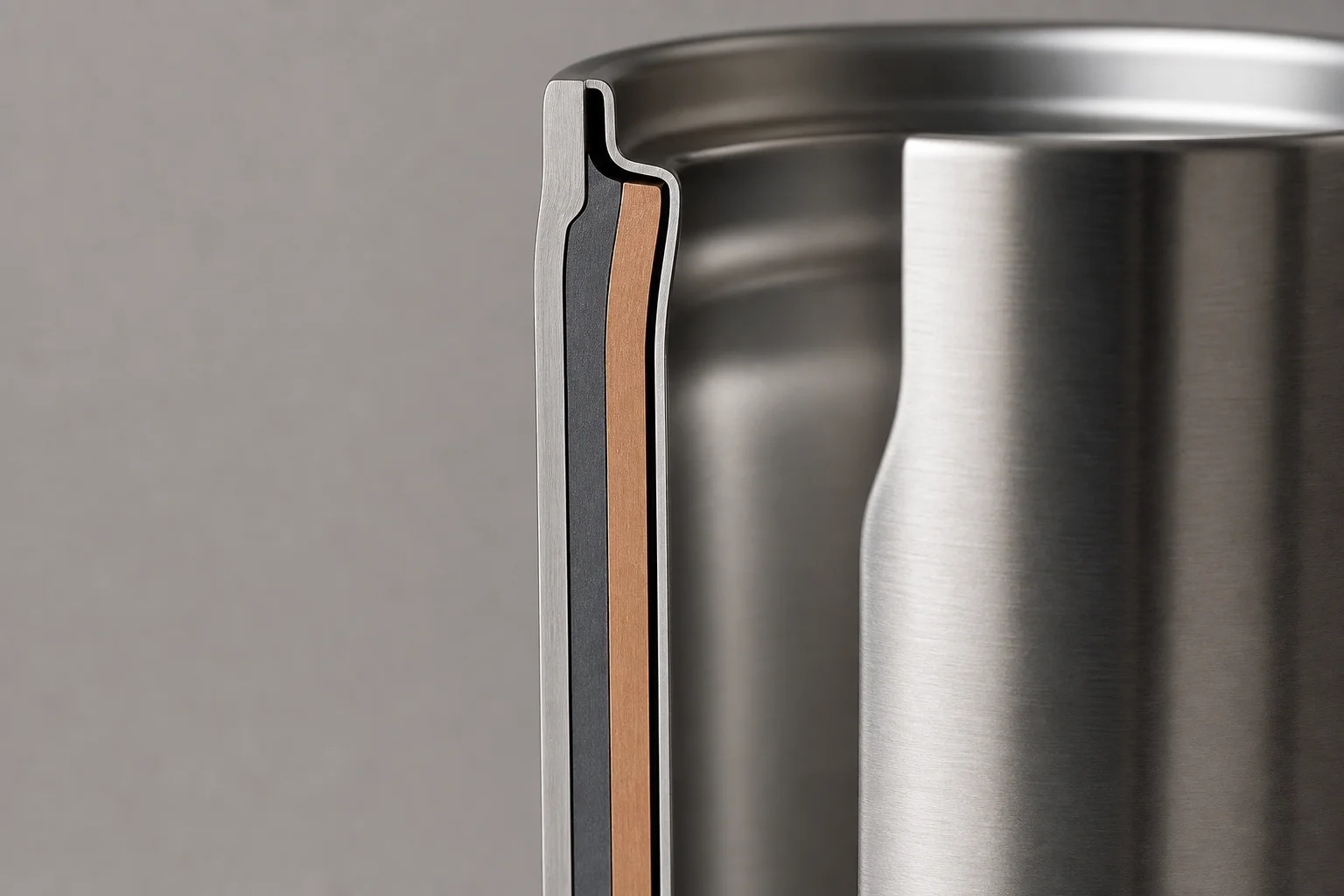 Close-up of stainless steel travel mug showing vacuum-layered construction detail