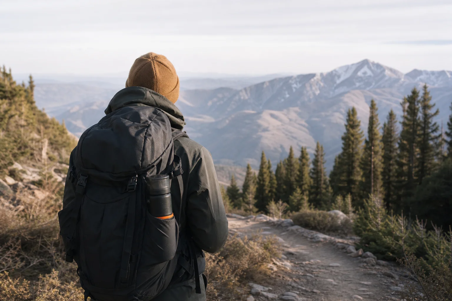Traveller with portable French press coffee maker in a backpack on a hiking trail