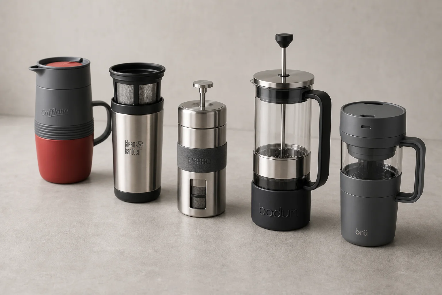 Five portable coffee makers arranged on concrete: Zyliss mug, Coffee Gator travel mug, Espro press, Bodum French press, and AeroPress Go
