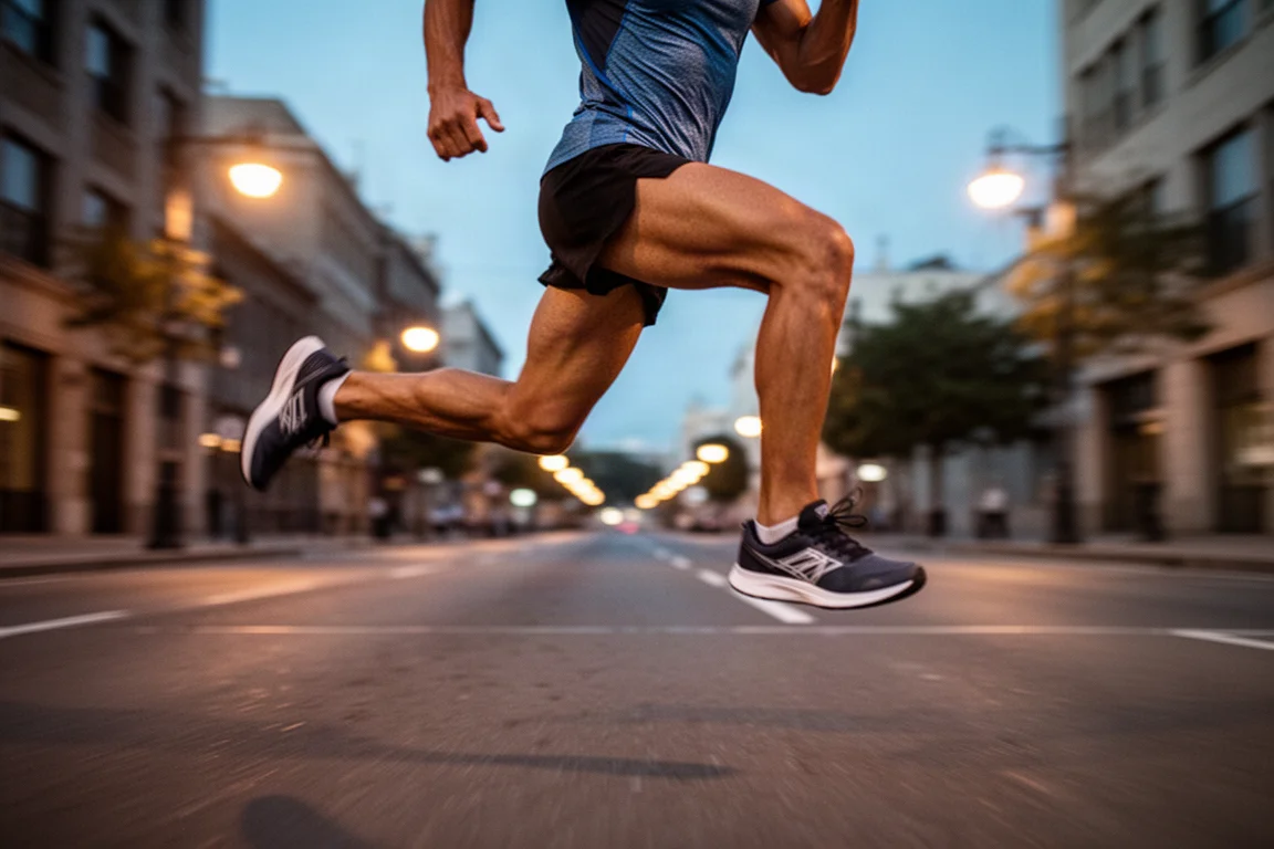 Corredor sprintando por uma rua da cidade durante um treino de ritmo ao anoitecer
