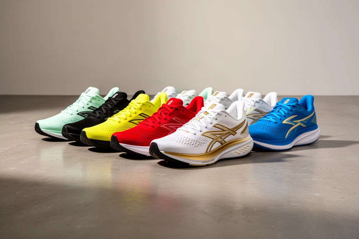 Eight running shoes in varied colorways lined up on a concrete floor