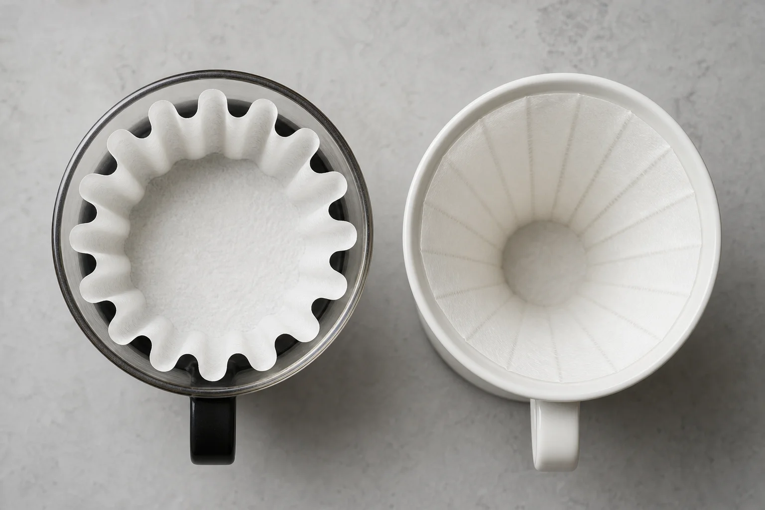 Flat-bottomed and cone-shaped dripper beds side by side