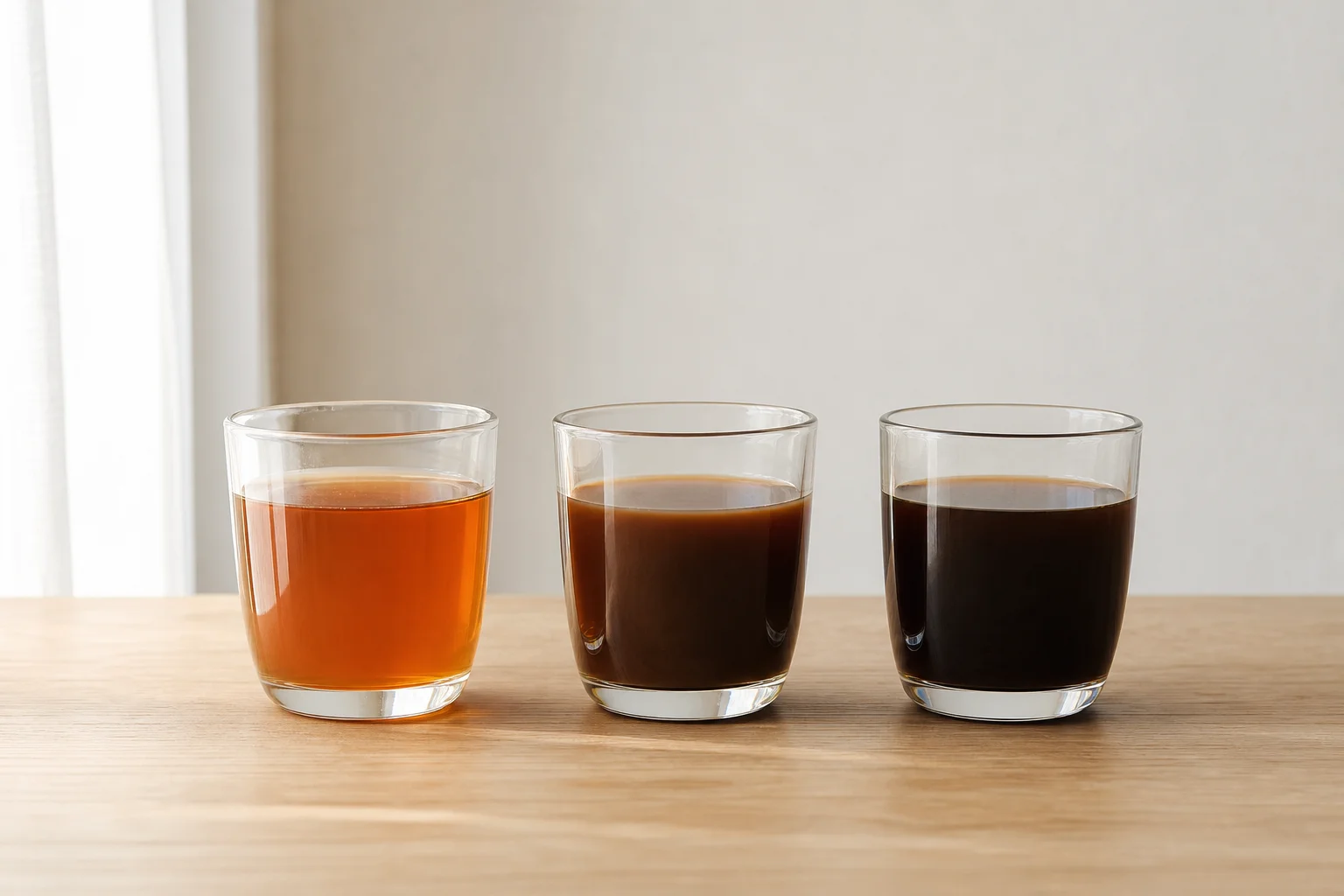 Brewed coffee in clear glass cups showing different extraction levels