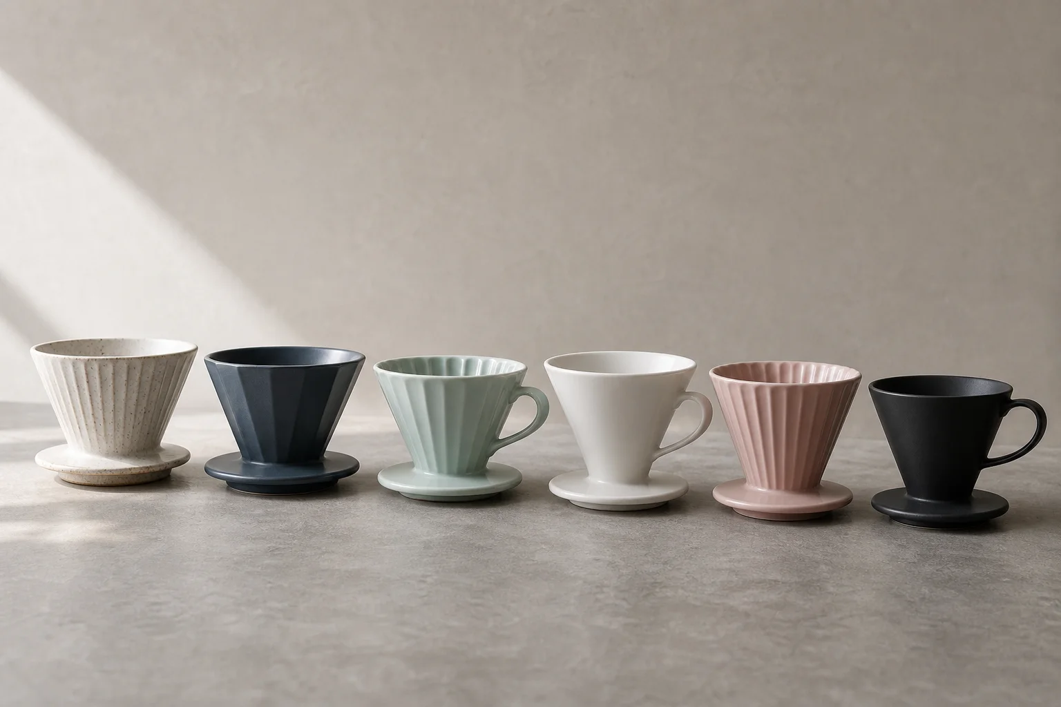 Six pour over coffee brewers arranged on concrete surface