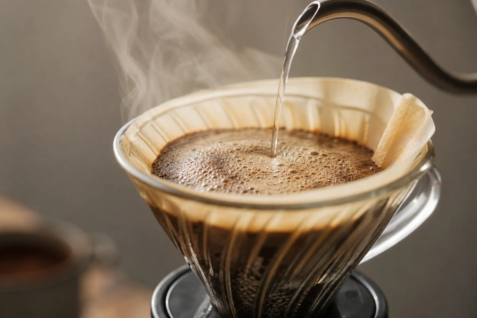 Hot water being poured over coffee grounds in a pour over dripper with steam rising