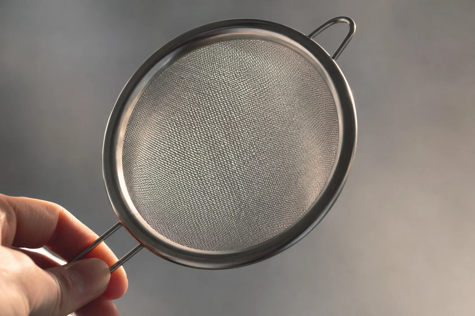 Stainless steel mesh filter held to light showing fine mesh pattern and reflective surface