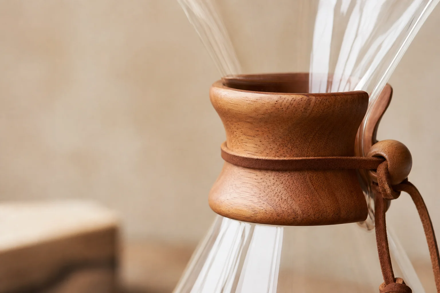 Wooden collar detail on glass coffee maker showing wood grain and craftsmanship