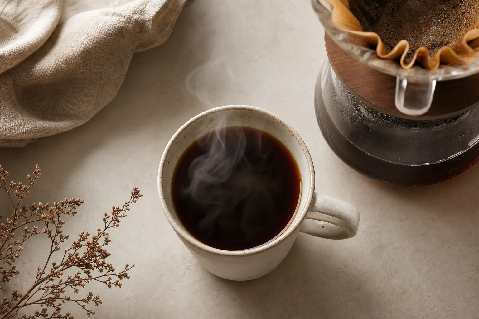 Freshly brewed cup of pour over coffee in ceramic mug with steam and dripper nearby