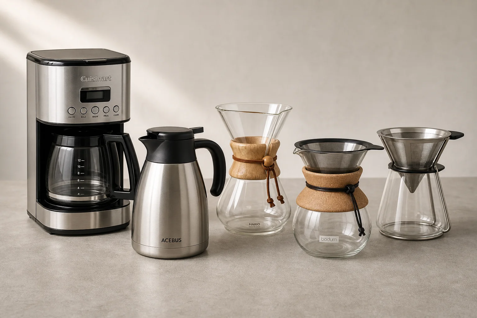 Five pour over coffee makers arranged on concrete surface showing variety of styles and designs