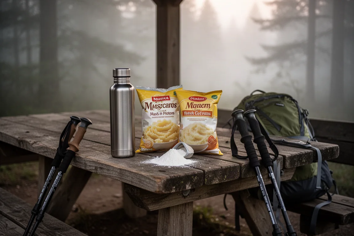 登山休息站的桌子,上面放着一个水瓶、即食马铃薯泥和一包白色粉末