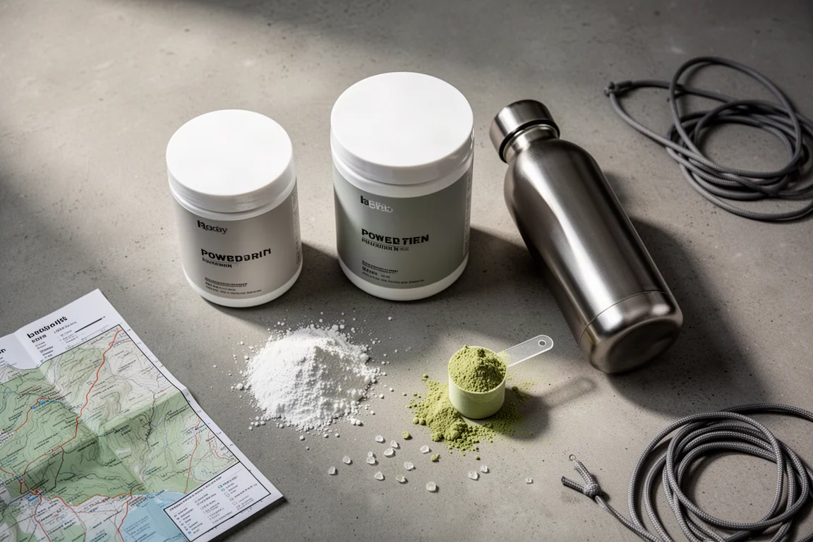 Flat-lay of three powder drink containers, a water bottle, and scoops of powder on concrete