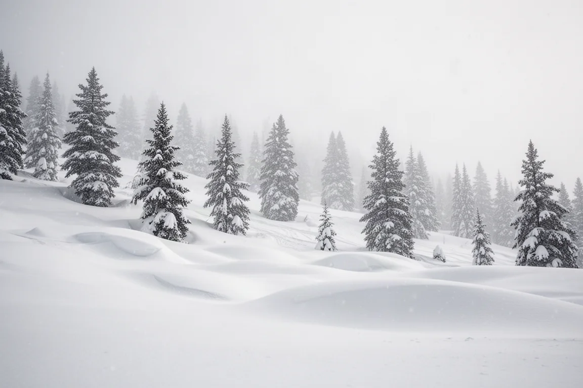 山坡上柔和光线下的深粉雪与树林