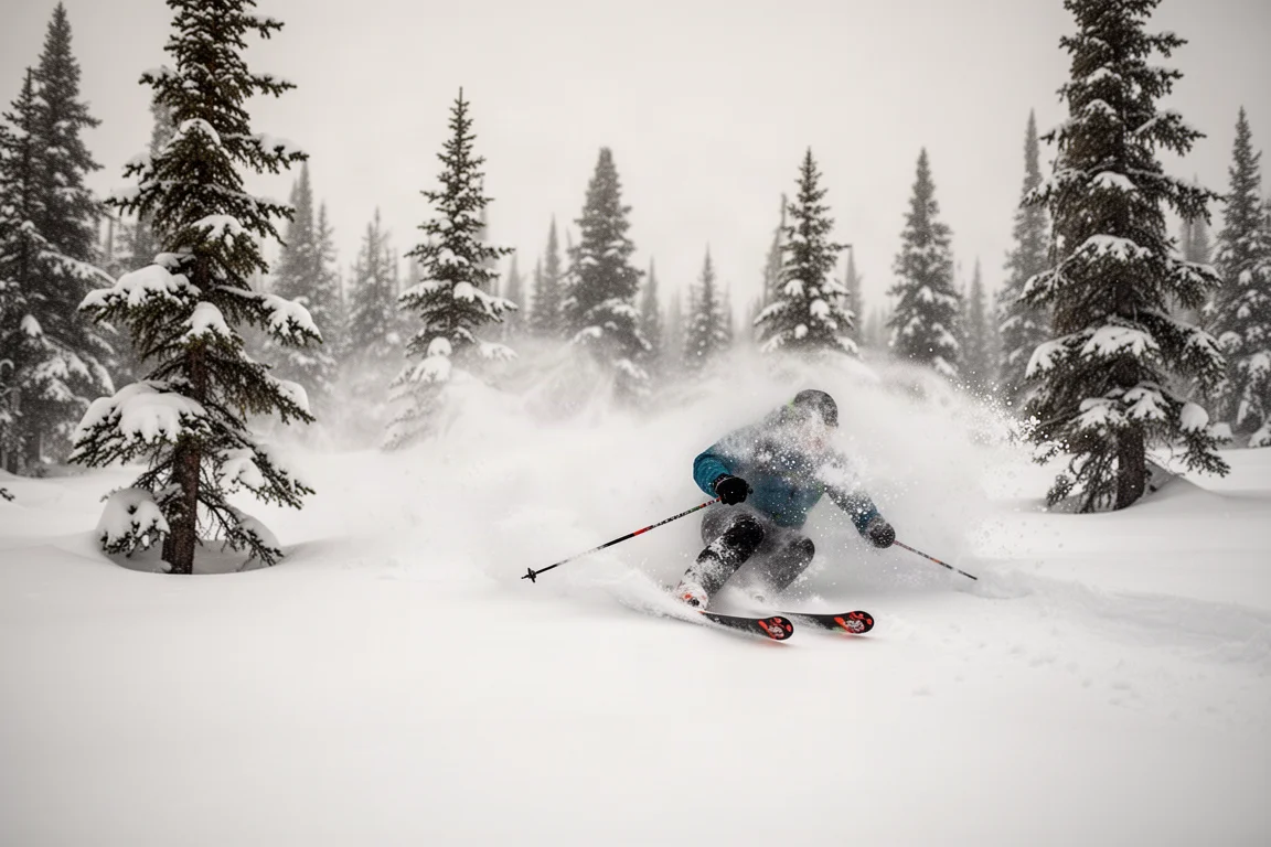 滑雪者在树林间深粉雪中做出冲浪式转弯