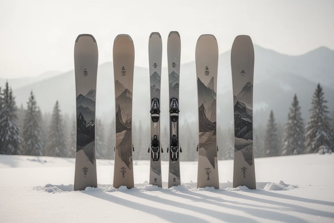 Lineup of five wide powder skis standing in fresh snow with soft morning light
