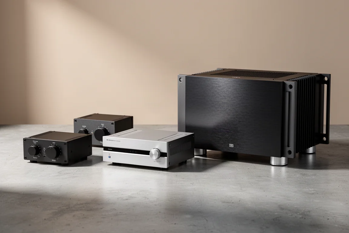 Six compact and full-size stereo power amplifiers arranged on a concrete surface