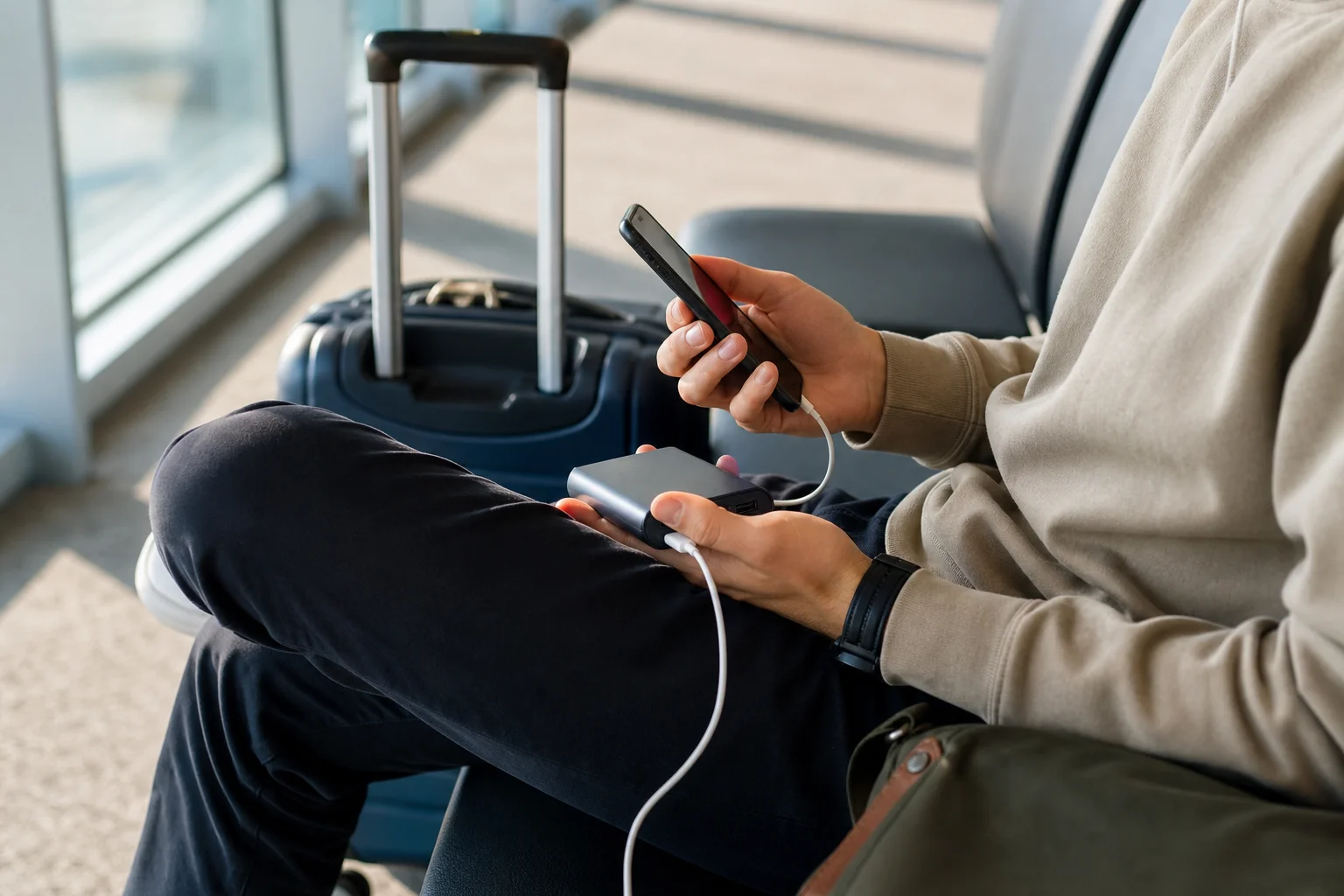 Traveler charging phone with power bank in airport terminal