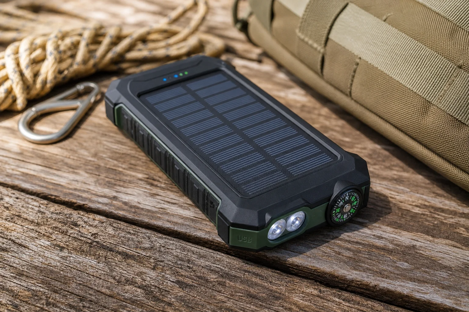 Rugged solar power bank with flashlight and compass features on wooden surface