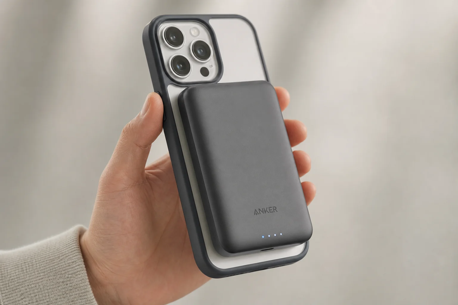 Smartphone with magnetic power bank attached via MagSafe connection