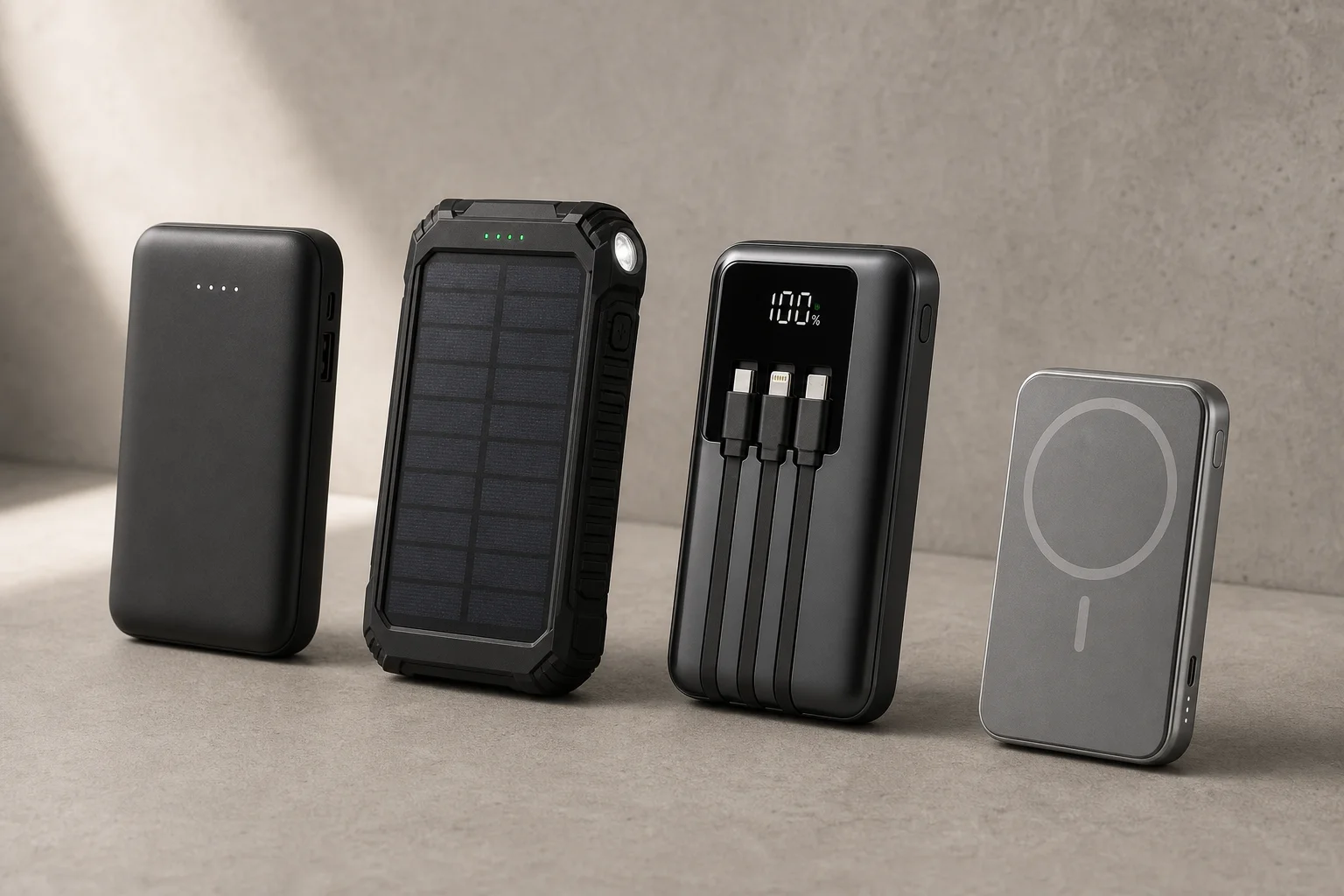 Quattro power bank disposti sul cemento: modelli base, solare, con display digitale e magnetico