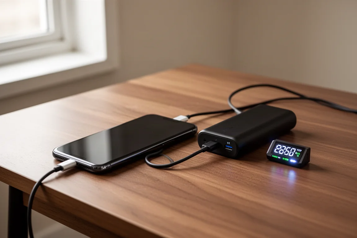 Un téléphone se rechargeant depuis une petite batterie externe posée sur un bureau en bois