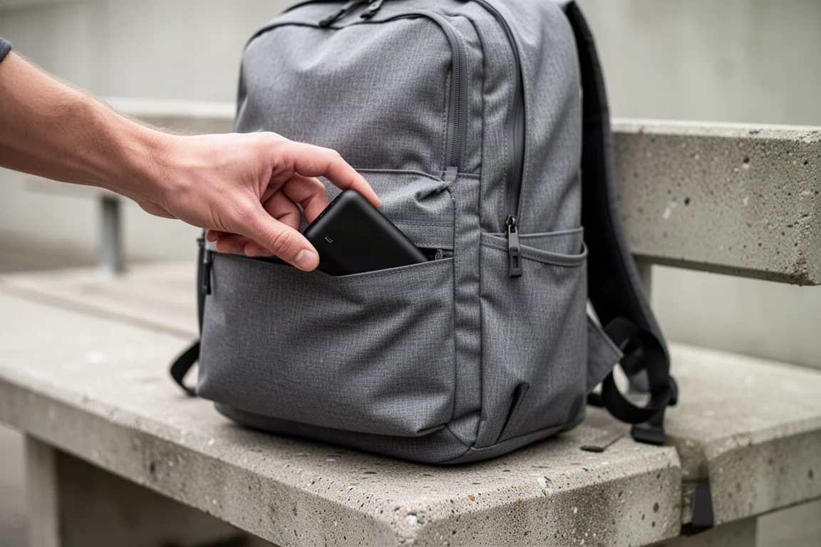 Une batterie externe fine glissant dans la poche d'une veste