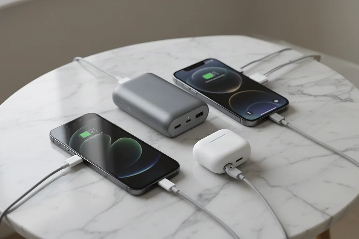 Une batterie externe rechargeant un téléphone et un étui d'écouteurs en même temps
