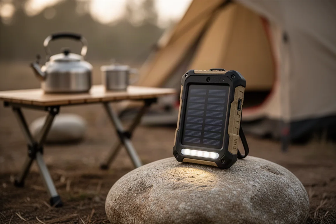Une batterie externe solaire robuste posée sur un rocher à côté d'un campement