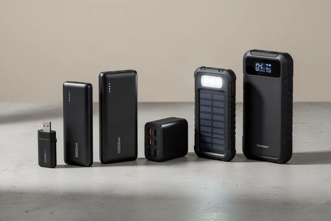 Six batteries externes de tailles différentes alignées sur une surface en béton