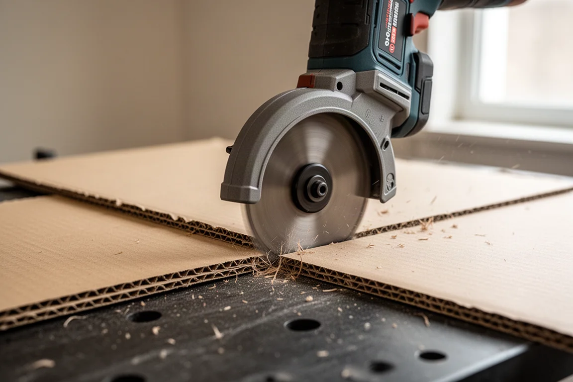 Powercutter snijdt door een vel golfkarton op een werkbank