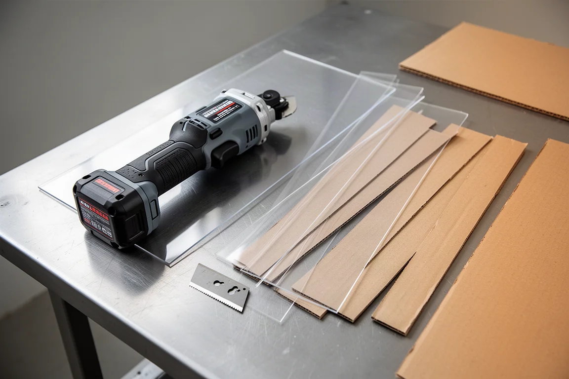 Accu powercutter ligt op een werkbank naast gesneden stroken karton en kunststof