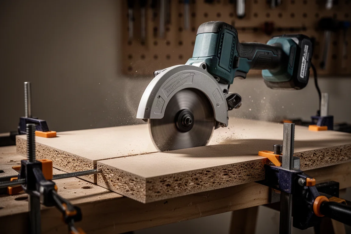 Accu powercutter zaagt door een taai, dicht board in een werkplaats