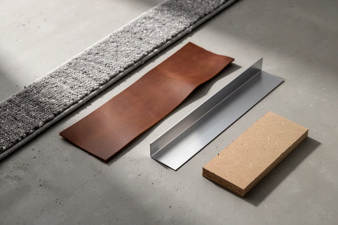 Assortiment gesneden materiaalmonsters, waaronder tapijt, leer en metaalflashing, op een werkbank