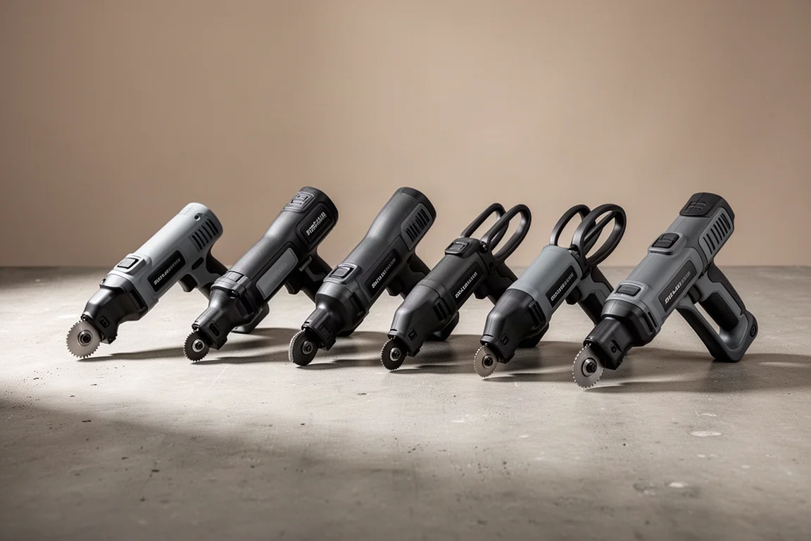 Row of compact cordless power cutters arranged on a concrete workshop surface