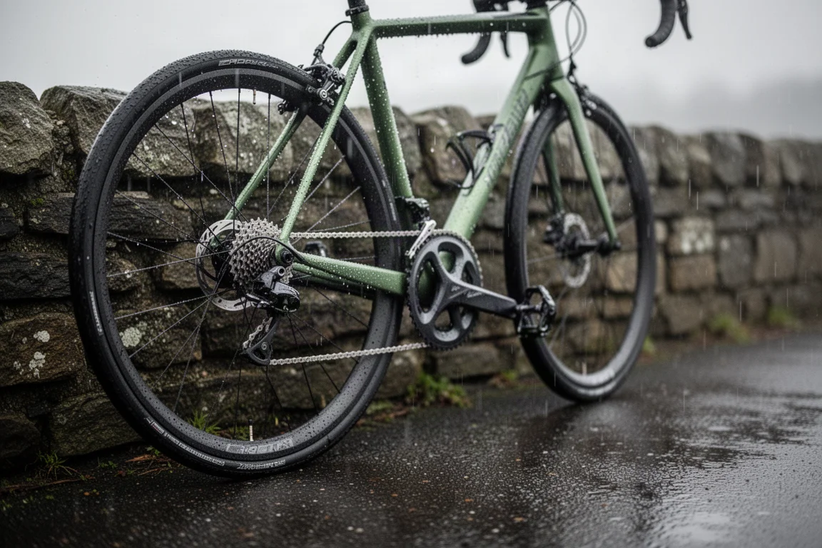 Rennrad lehnt an einer nassen Steinmauer, Regentropfen perlen auf dem Rahmen