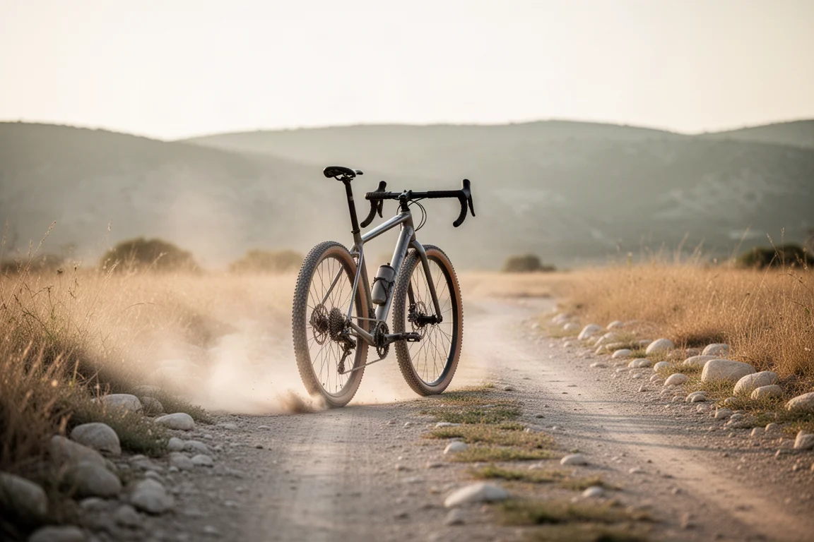 Gravelbike rollt im Licht des späten Nachmittags über einen staubigen unbefestigten Weg