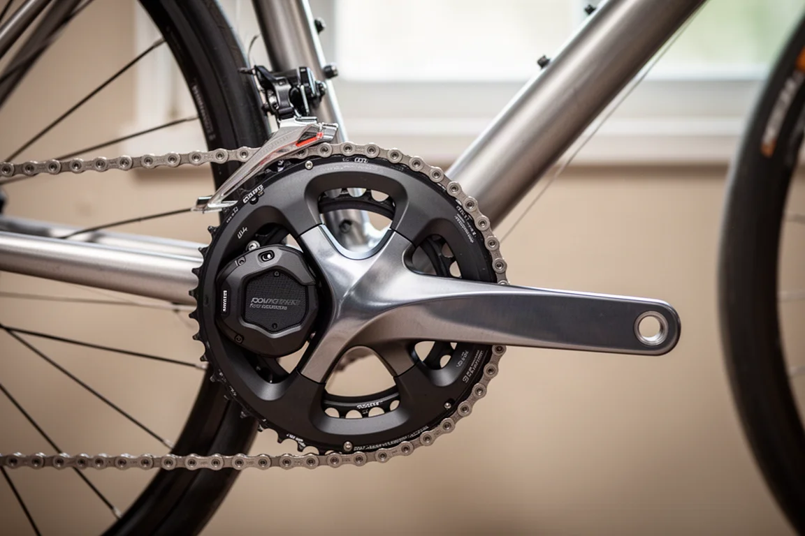 日光の下、チェーンリング付きの自転車クランクセットとスパイダー型パワーメーターのクローズアップ