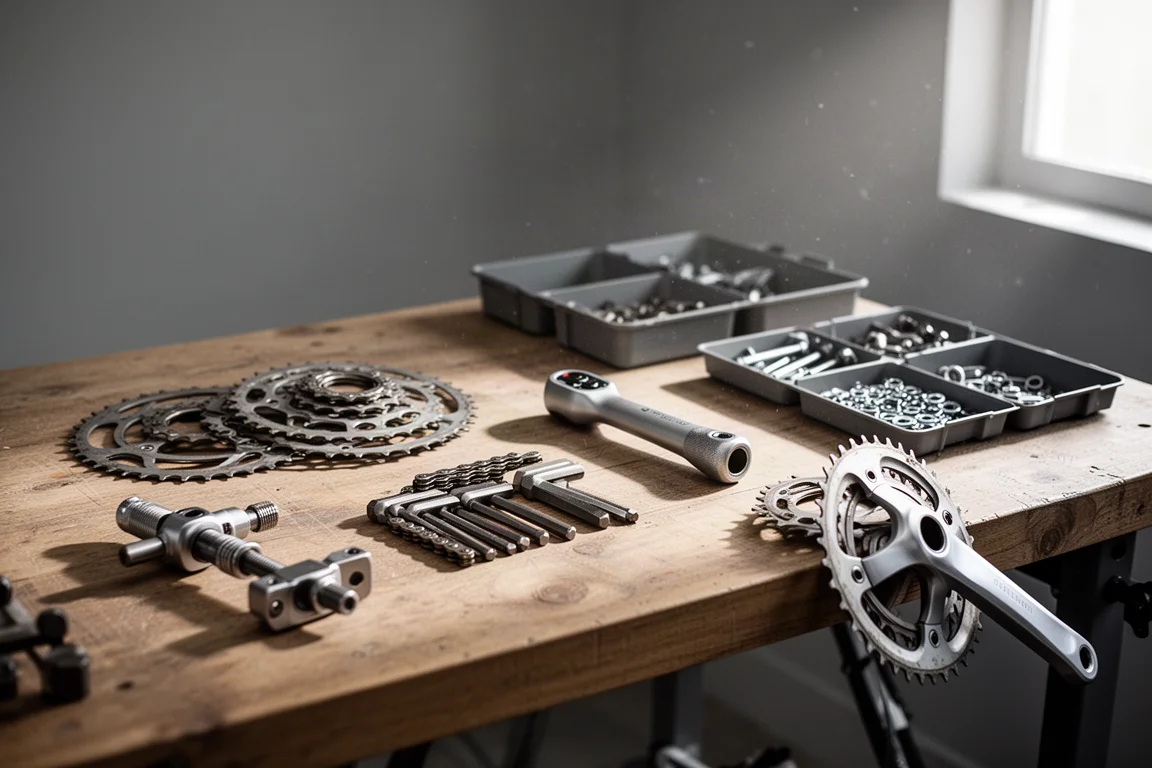 予備のチェーンリング、工具、コンポーネントの箱がある自宅バイク作業台