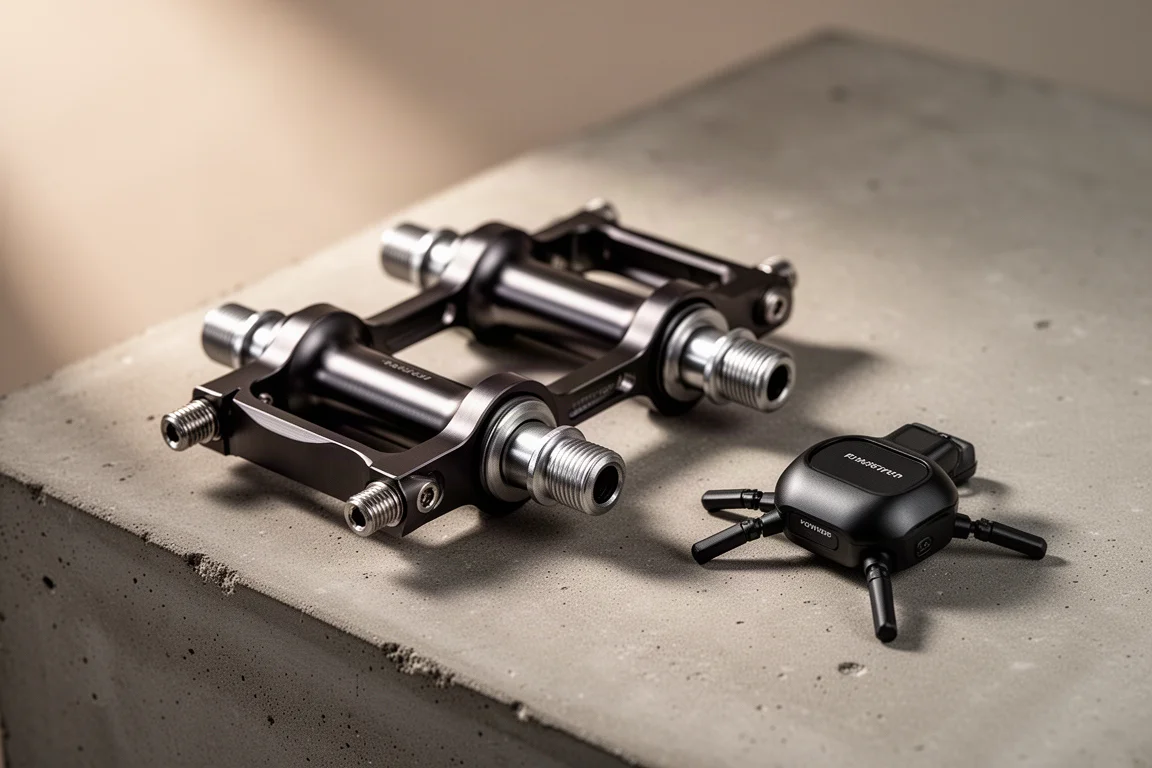 Dual-sided power meter pedals and a spider power meter on a concrete surface