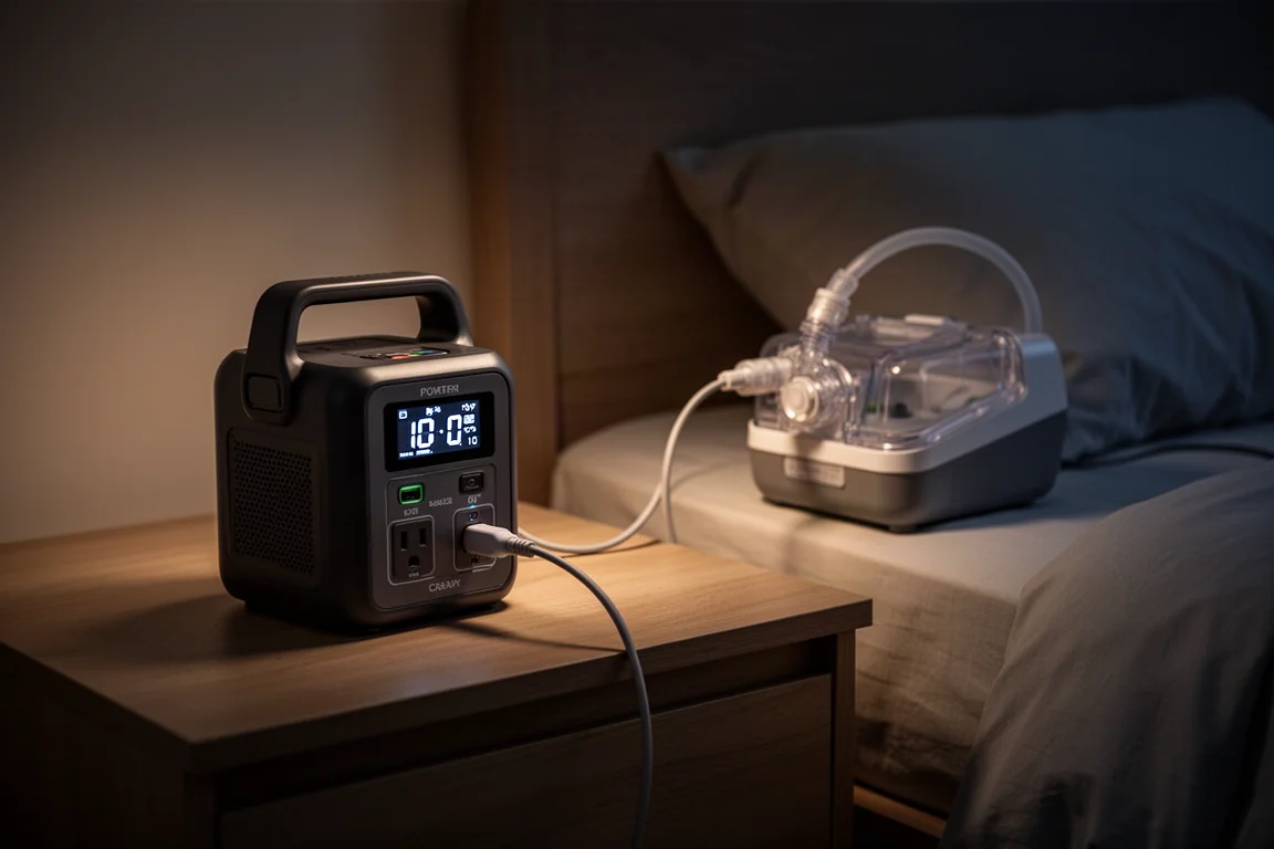 Kompaktowa stacja zasilania ładująca urządzenie CPAP na stoliku nocnym nocą