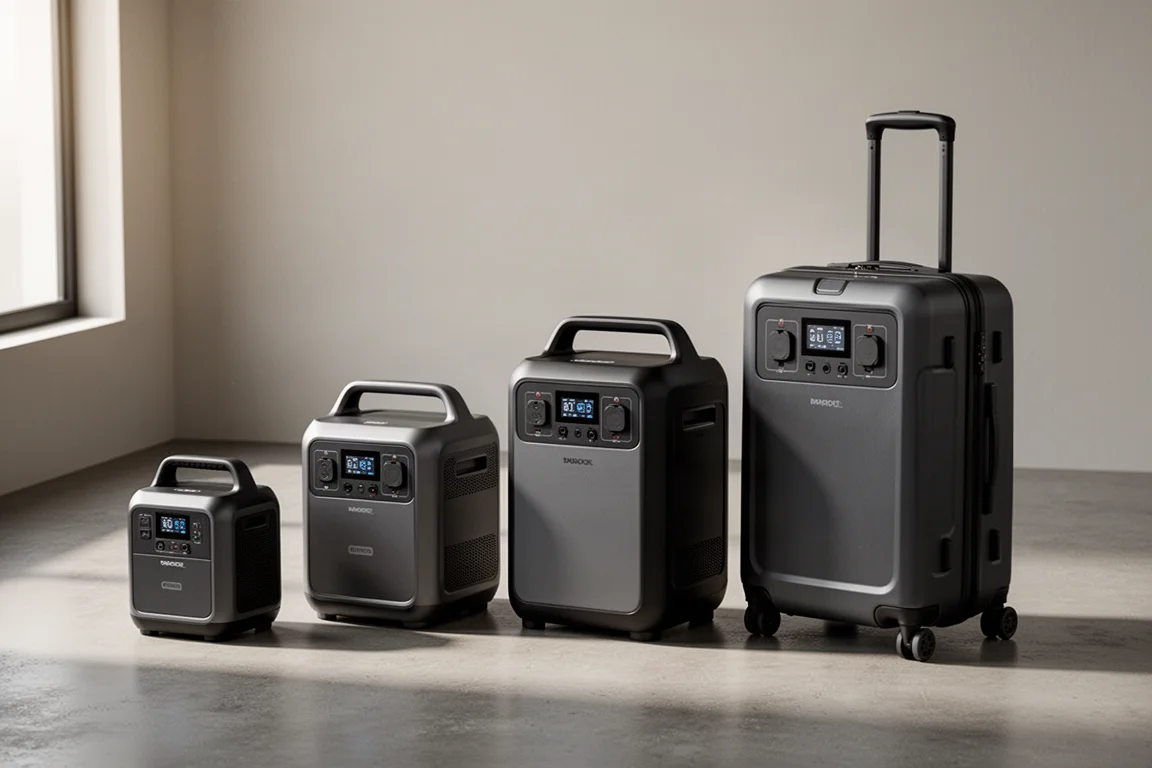 Row of portable power stations of various sizes on a concrete floor