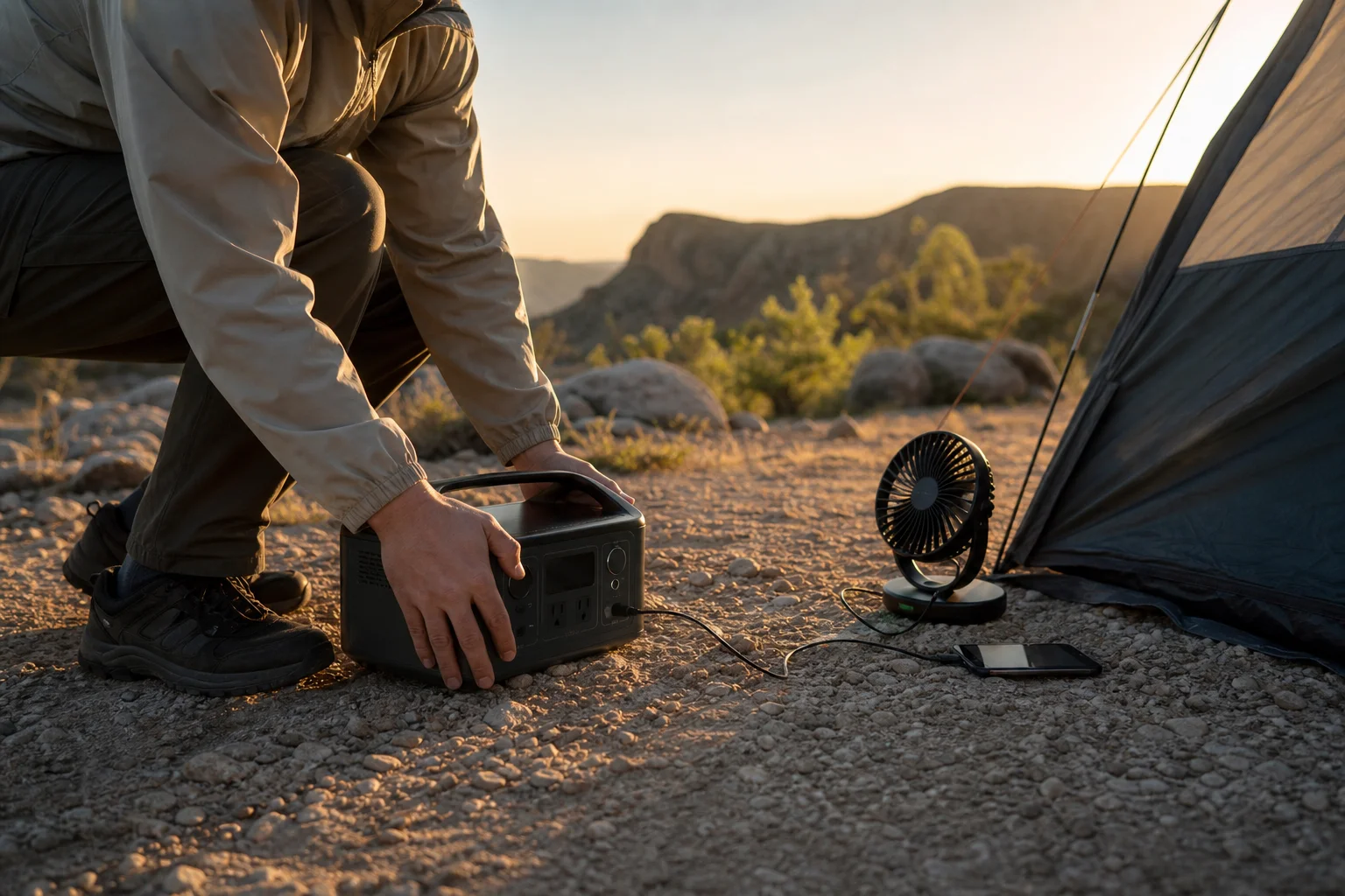 Camper setting up a portable power station at a tent campsite during golden hour