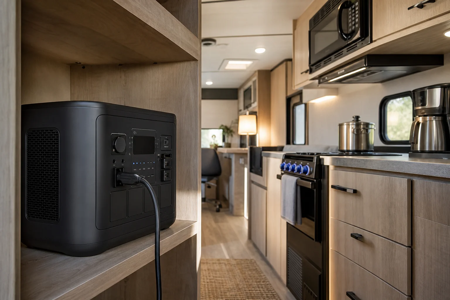 RV interior with power station connected to appliances and 30-amp plug