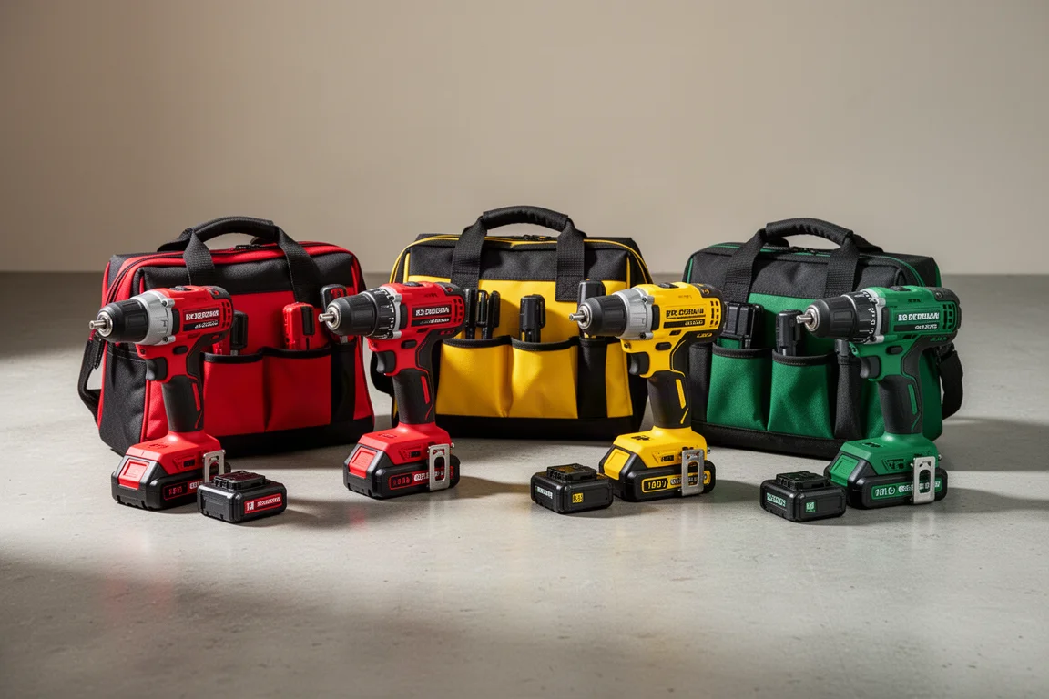 Four cordless drill and impact driver combo kits lined up on a concrete floor