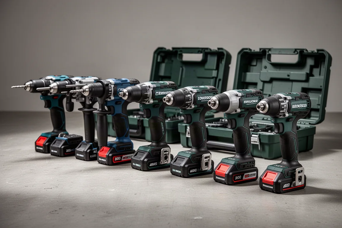 Row of cordless power tool combo kits with batteries on a concrete workshop floor