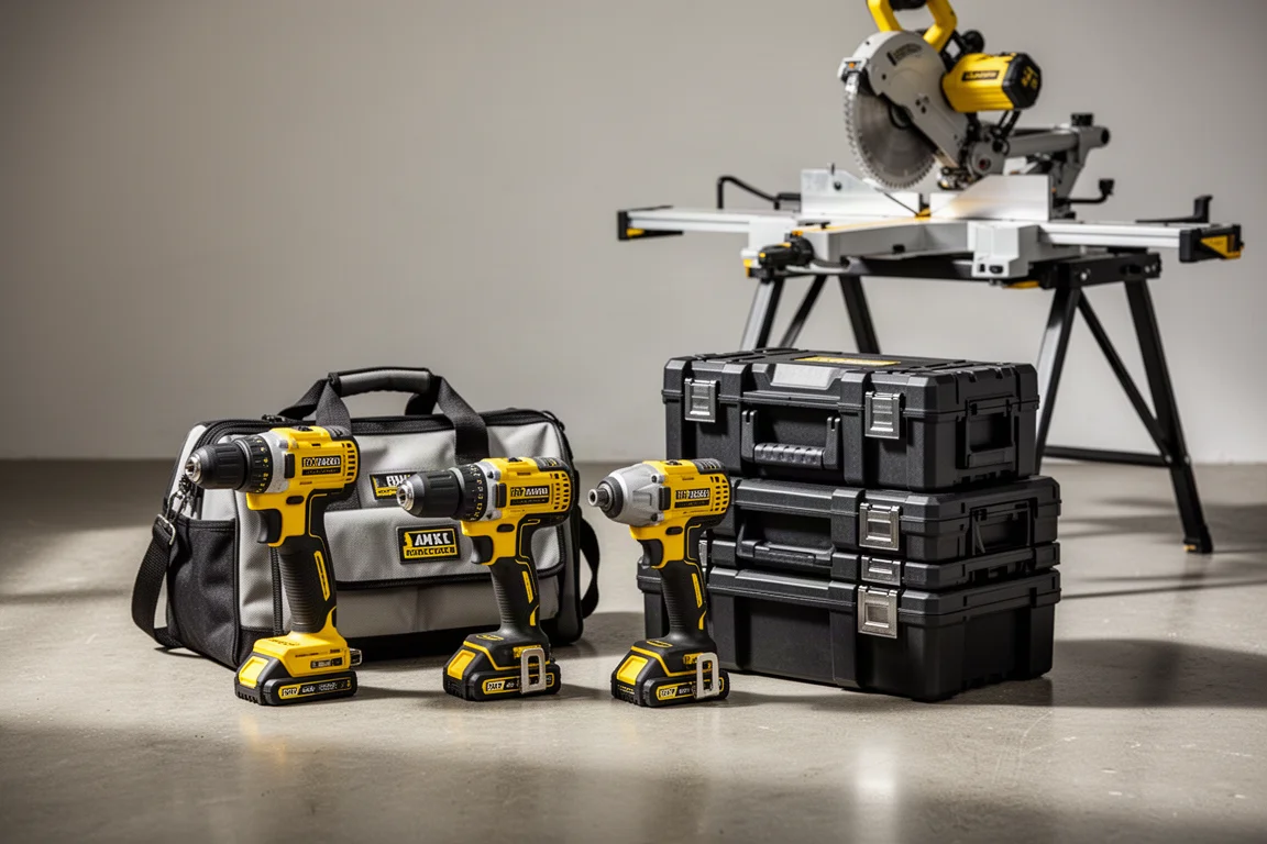 Assorted cordless power tool combo kits and batteries arranged on a concrete surface