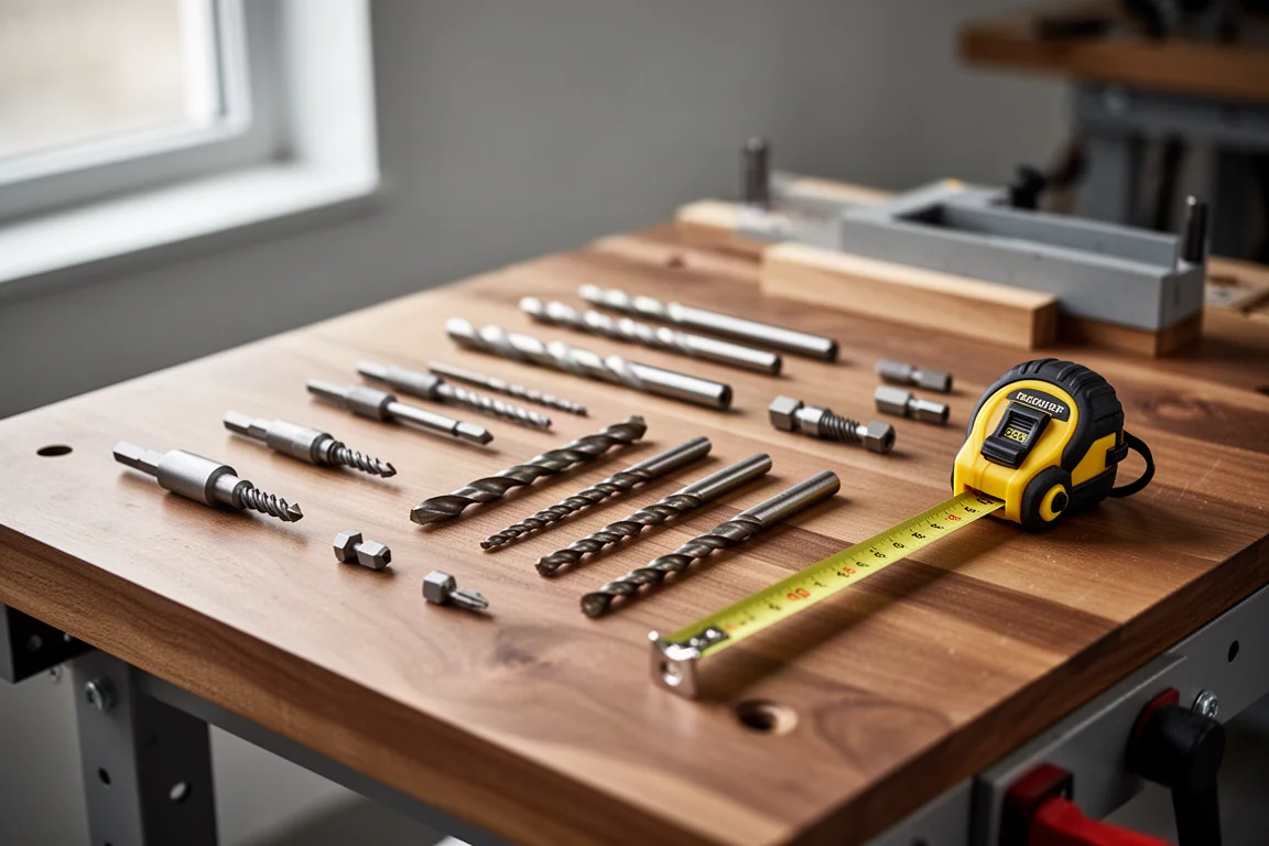 Workshop bench with tools laid out under soft natural window light