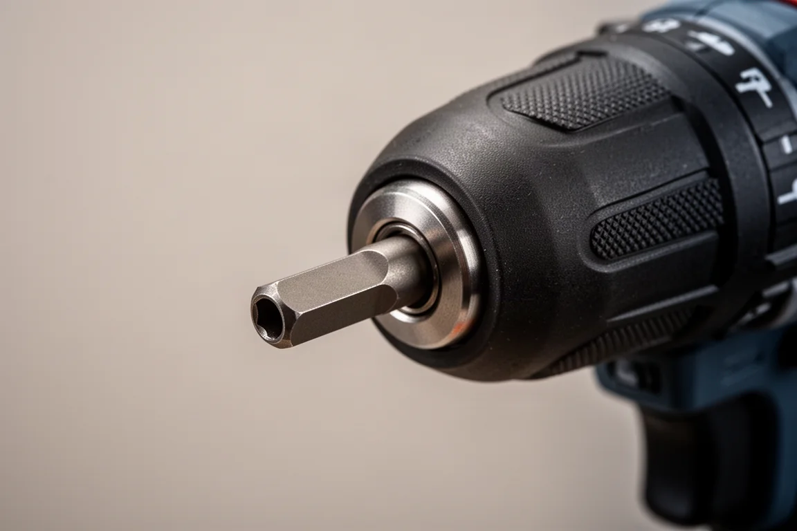 Close-up of an impact driver bit being seated into a driver chuck