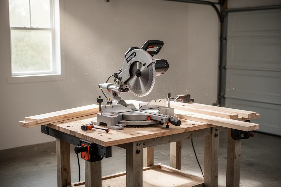 Garage workbench with a miter saw station ready for a cutting job