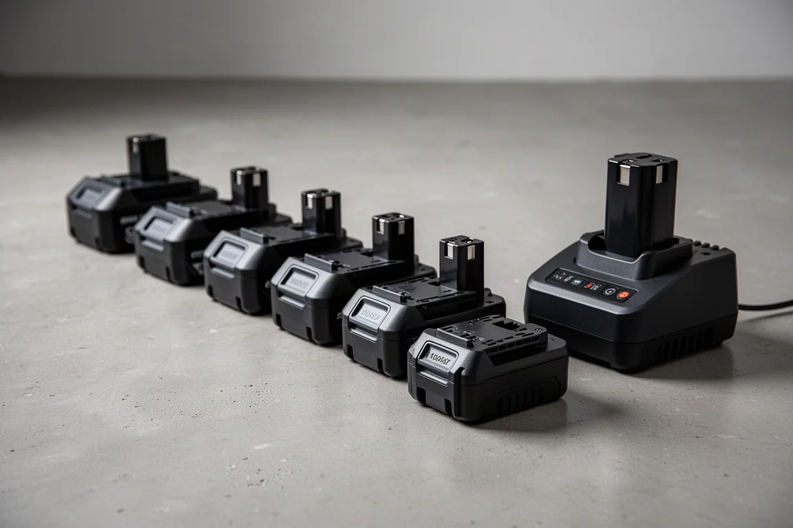 Cordless tool batteries and charger arranged on a concrete floor