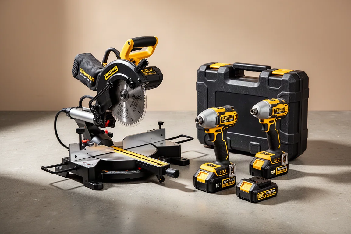 DeWalt miter saw and Metabo HPT impact driver kit arranged on a concrete workshop floor
